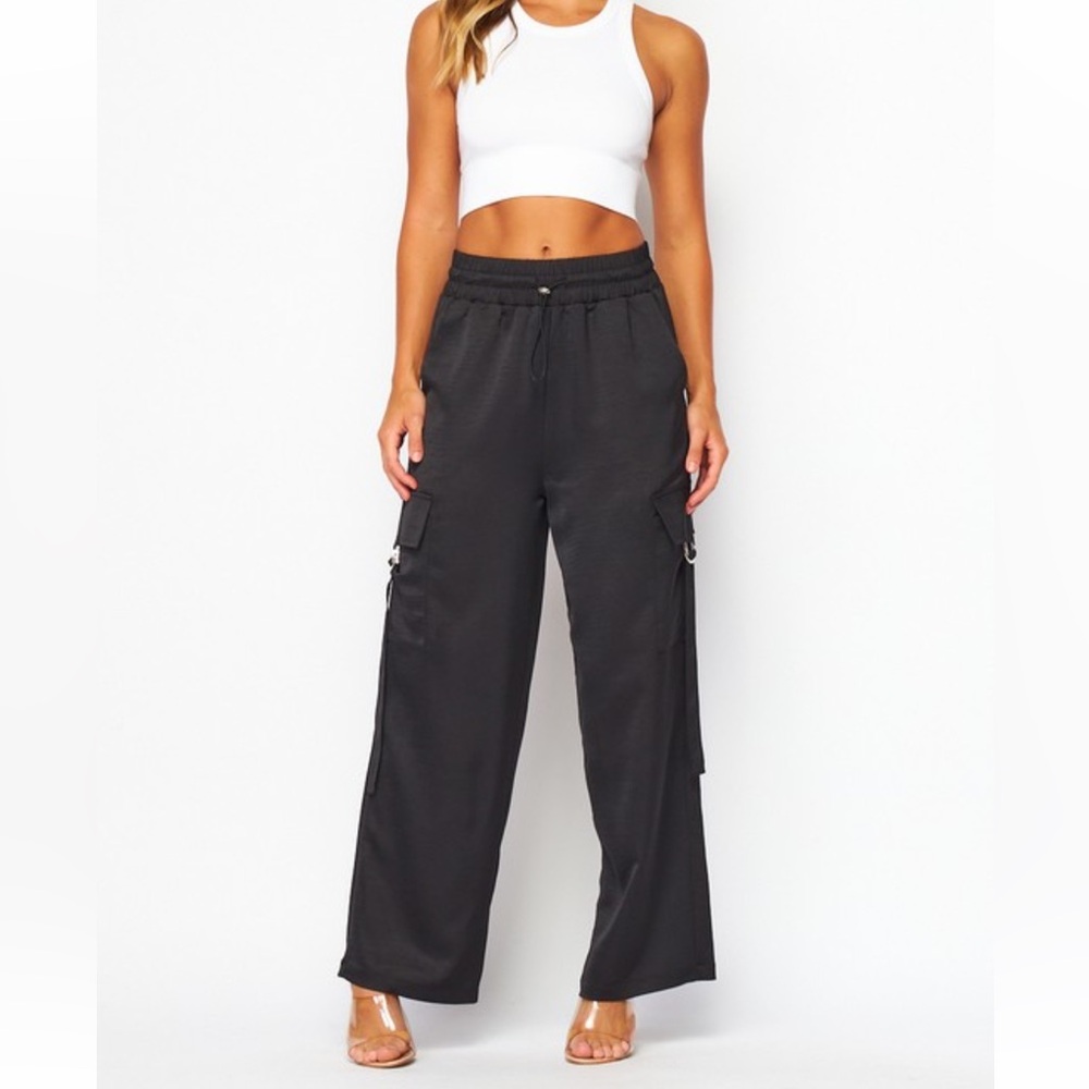 Black Women's Cargo Pants, Satin